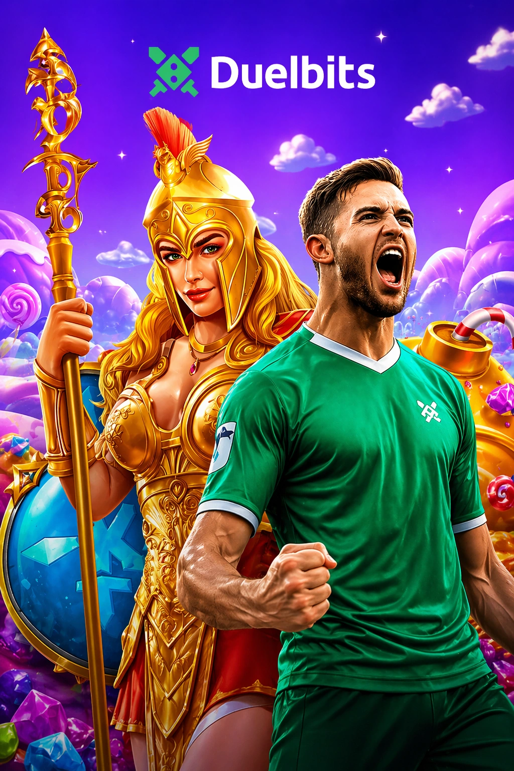 Duelbits banner with football player and golden warrior in candy themed casino background