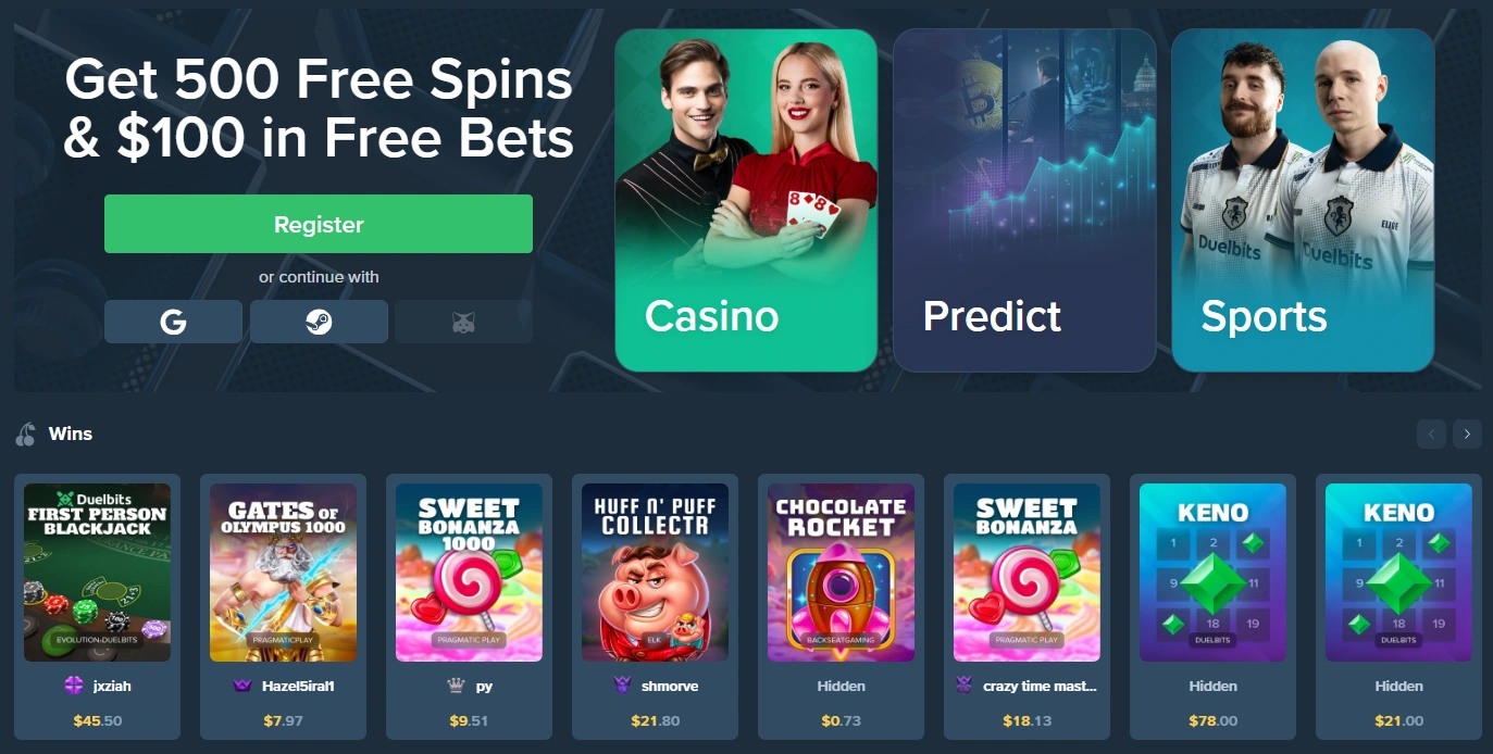 Duelbits homepage with casino sports and predict sections plus free spins and free bets welcome offer