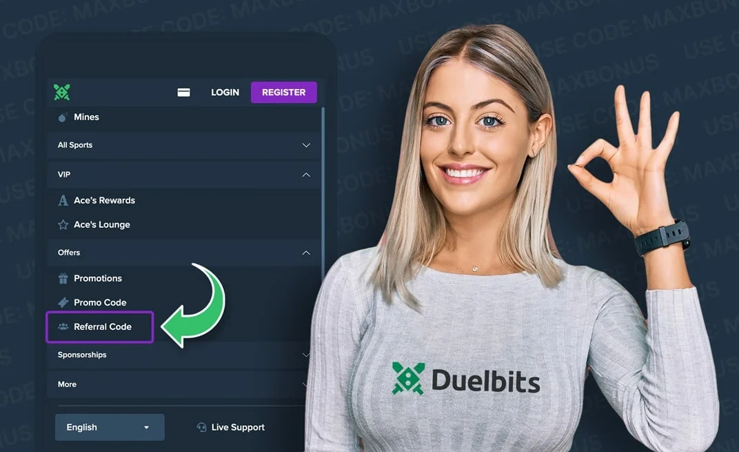 Duelbits interface showing referral code section and promotions menu with user pointing gesture