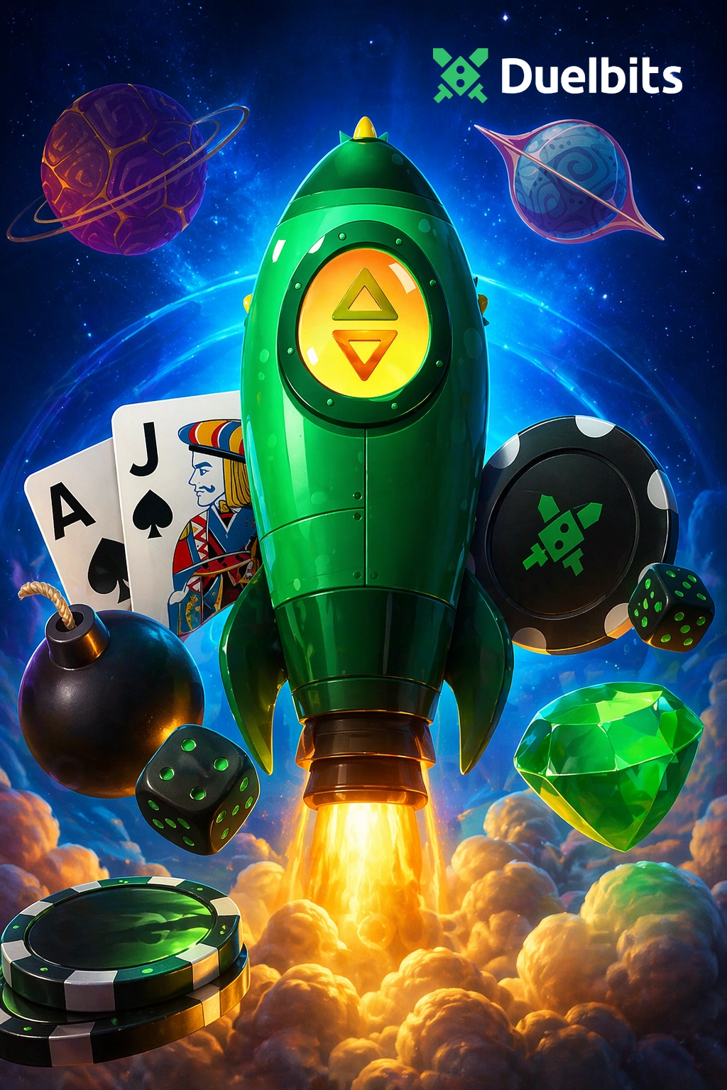 Duelbits rocket launch casino banner with cards dice chips and space theme gambling elements