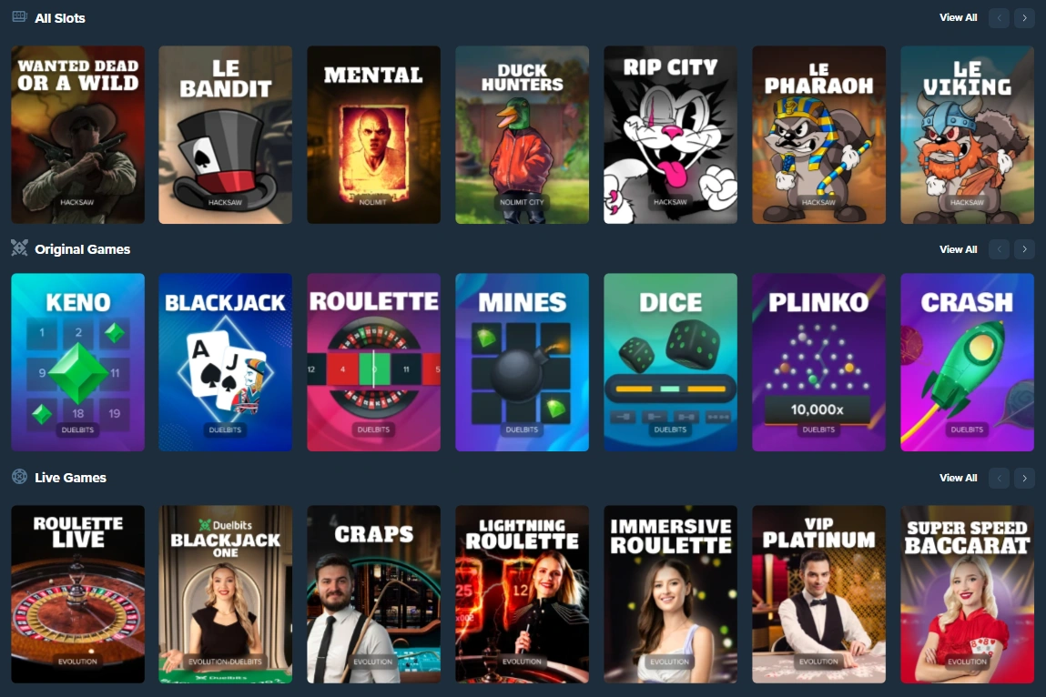 Duelbits casino interface with slots original games and live casino sections overview