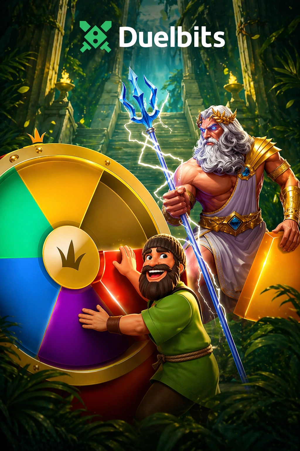 Duelbits banner with bonus wheel spin and ancient god character holding trident in jungle temple setting